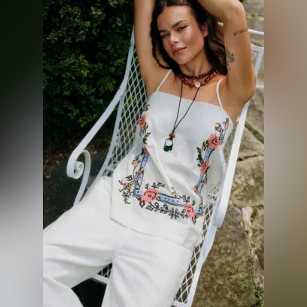 NWT Free People The Sightseer Linen Set Embroidered Crosstitch Large